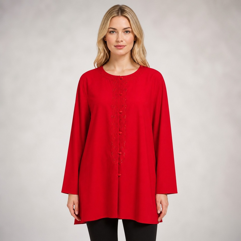 Maggie McNaughton Red Blouse Bold Red‎ Embroidered Button Detail Flowy Top SZ 2X